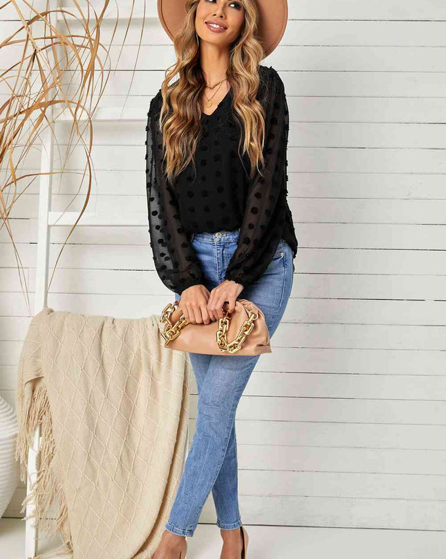 Swiss Dot Balloon Sleeve V-Neck Blouse