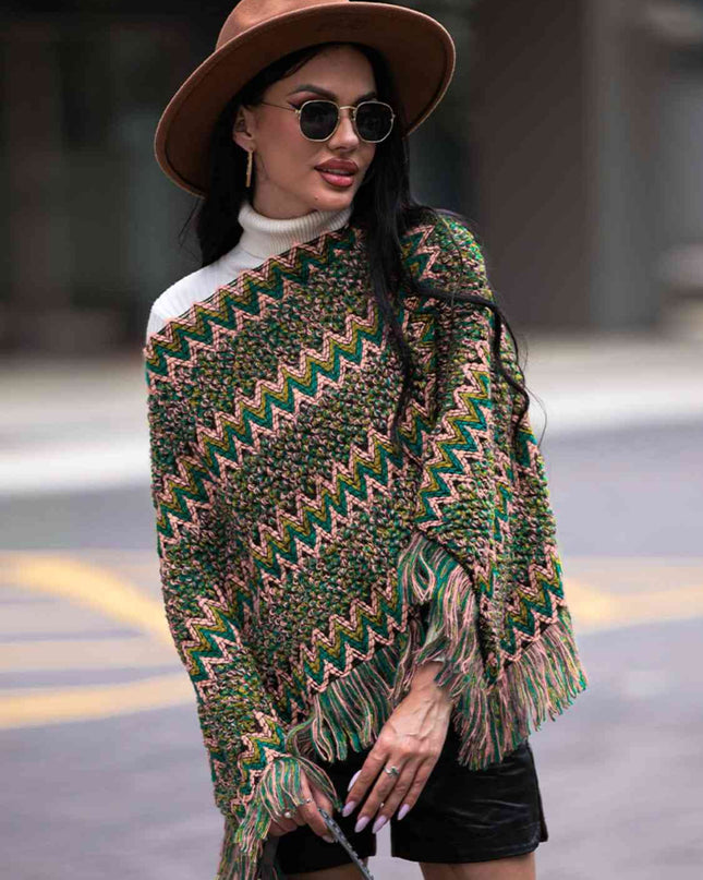 Fringe Hem Boat Neck Poncho