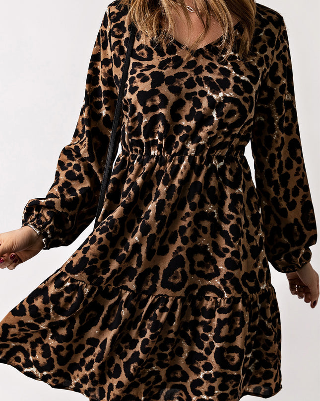 Leopard V-Neck Balloon Sleeve Tiered Dress