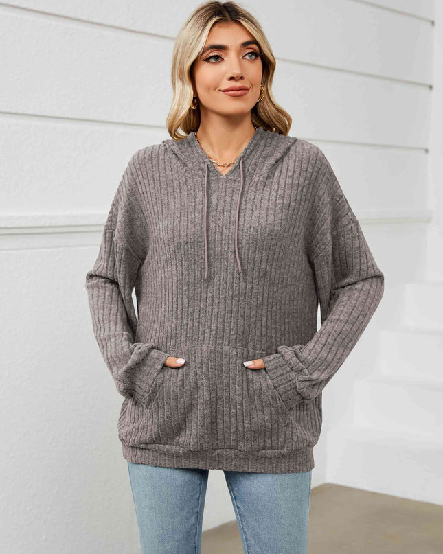 Drawstring Dropped Shoulder Ribbed Hoodie