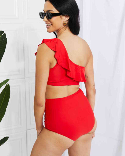 Marina West Swim Seaside Romance Ruffle One-Shoulder Bikini in Red