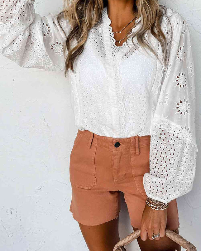 V-Neck Openwork Long Sleeve Blouse