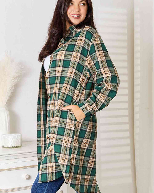 Double Take Plaid Collared Neck Long Sleeve Shirt
