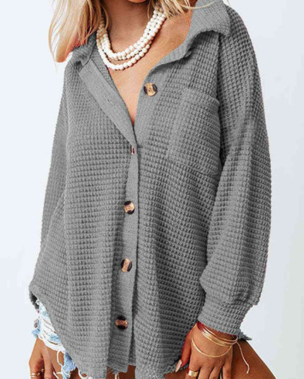Waffle-Knit Button Up Long Sleeve Shirt with Pocket