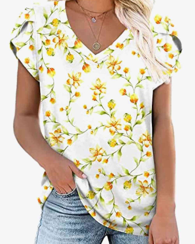 Printed Petal Sleeve V-Neck Blouse