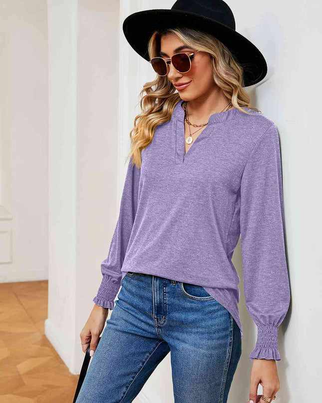 Notched Neck Long Sleeve Blouse