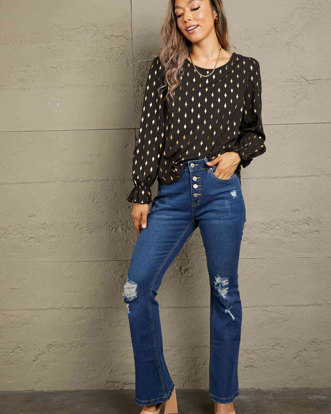 Double Take Printed Round Neck Flounce Sleeve Blouse