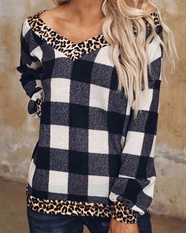 Plaid Leopard V-Neck Sweatshirt