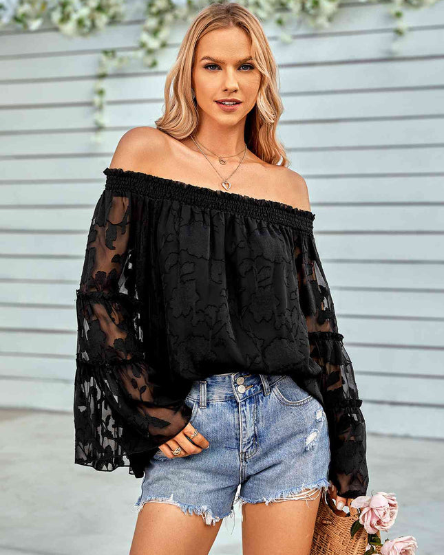 Applique Flounce Sleeve Off-Shoulder Blouse