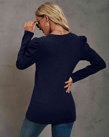 Waffle-Knit Puff Sleeve Round Neck Top