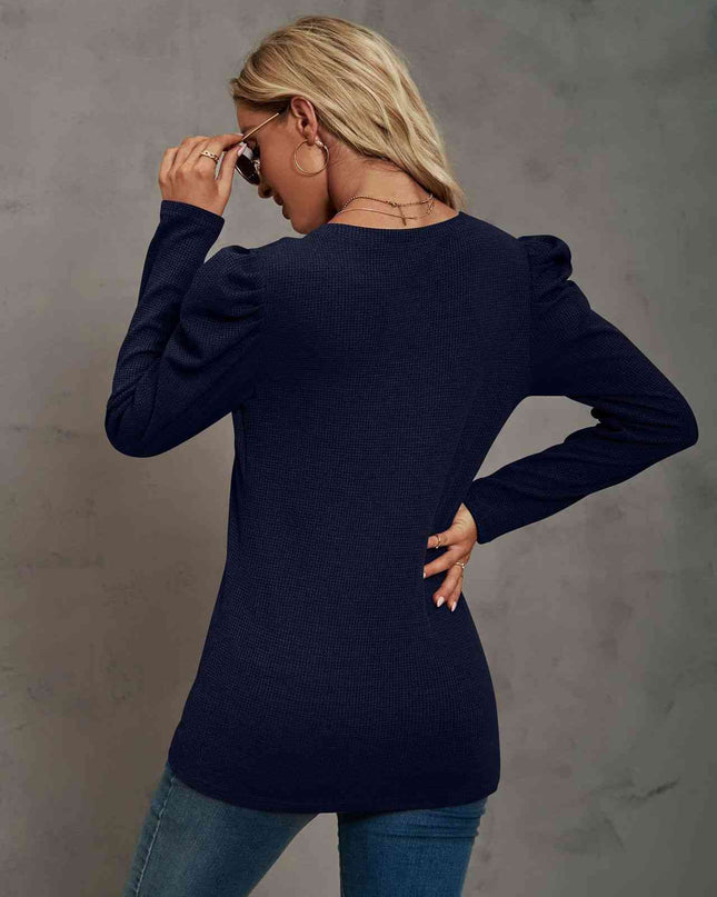 Waffle-Knit Puff Sleeve Round Neck Top