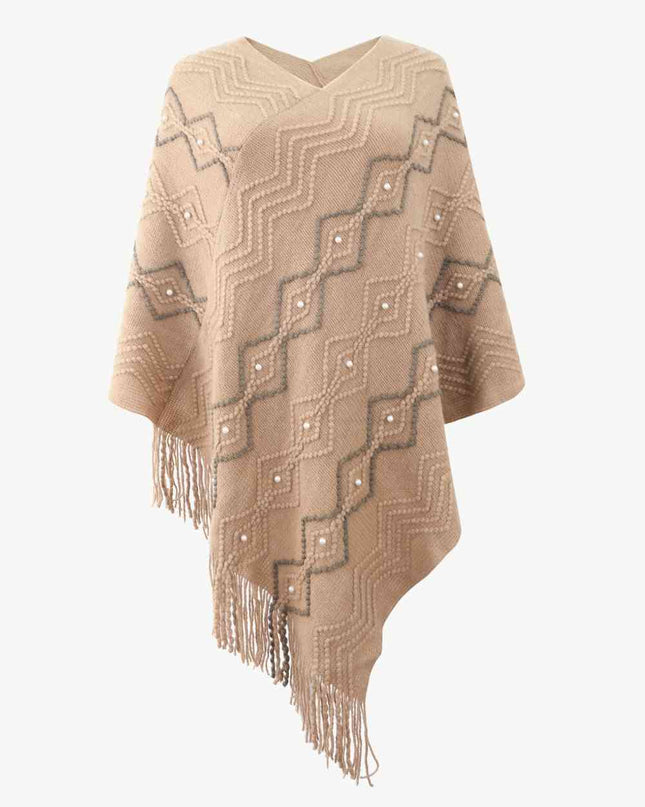 Pearl Trim V-Neck Fringe Hem Poncho