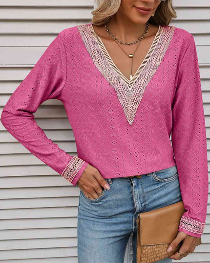 Double Take Contrast V-Neck Eyelet Long Sleeve Top