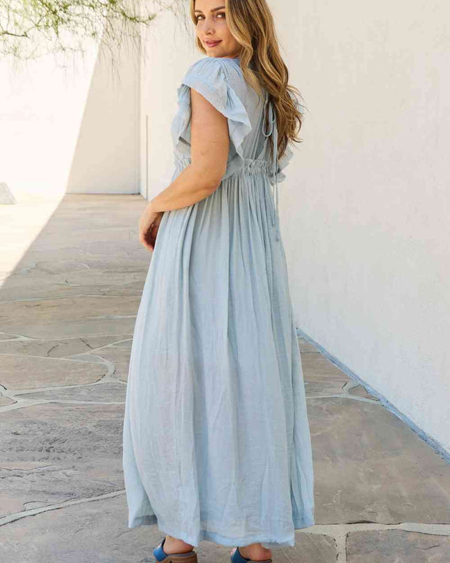 Sweet Lovely By Jen Full Size Drawstring Deep V Butterfly Sleeve Maxi Dress