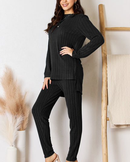 Basic Bae Full Size Ribbed Round Neck High-Low Slit Top and Pants Set
