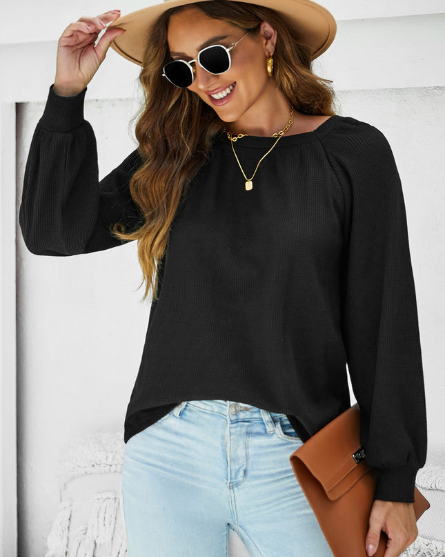 Waffle-Knit Long Raglan Sleeve Top