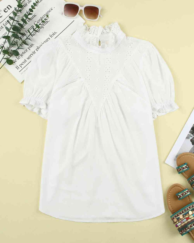 Spliced Lace Curved Hem Flounce Sleeve Top