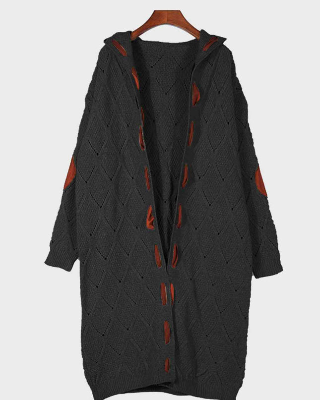 Openwork Long Sleeve Open Front Hooded Cardigan