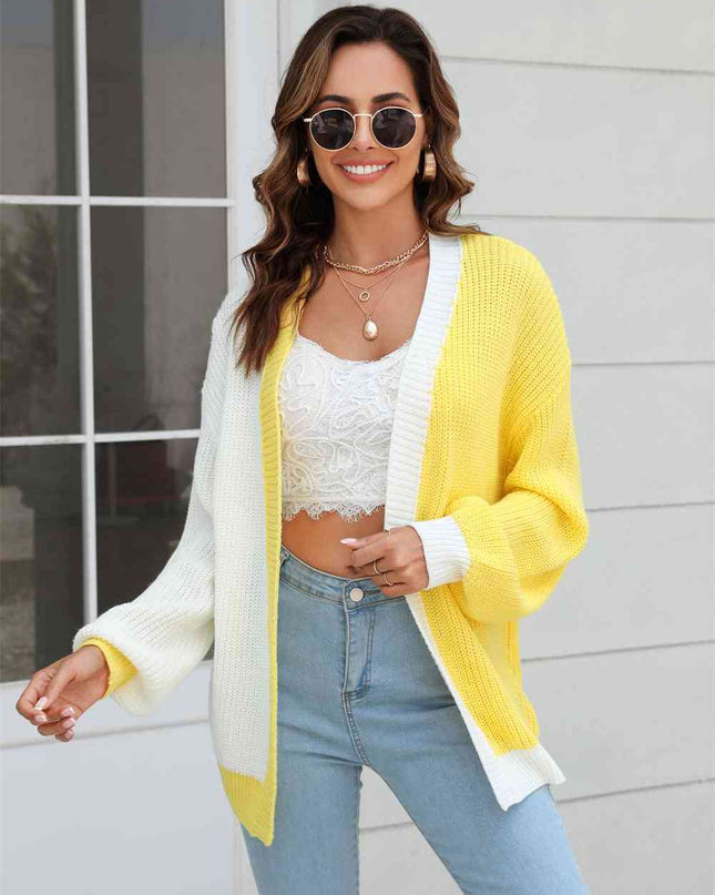 Open Front Contrast Color Balloon Sleeve Cardigan