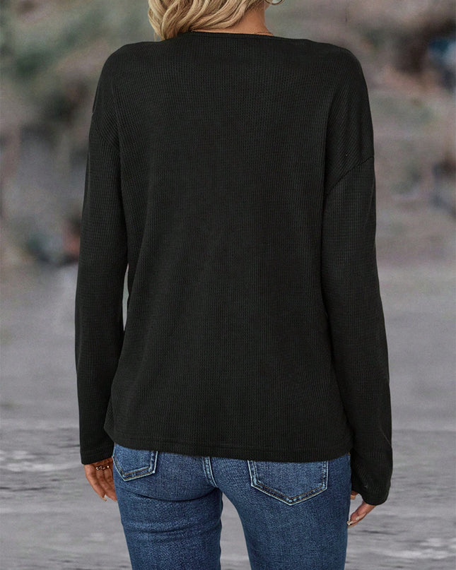 Color Block Decorative Button V-Neck Top