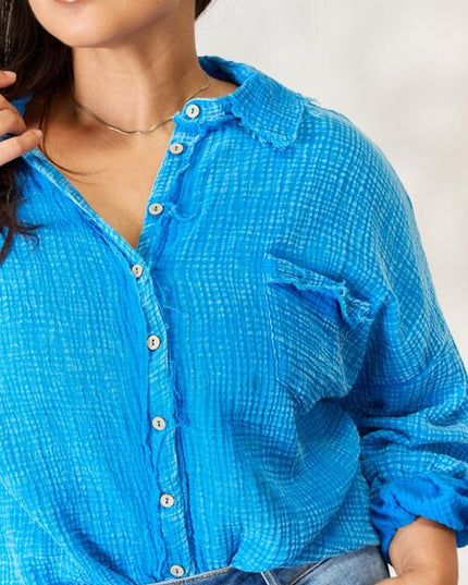 Zenana Full Size Washed Raw Trim Button Down Shirt