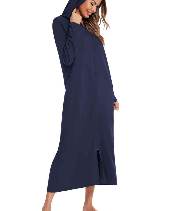 Zip Front Hooded Night Dress with Pockets