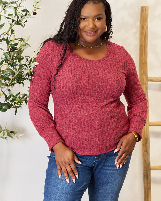 Double Take Ribbed Round Neck Lantern Sleeve Blouse