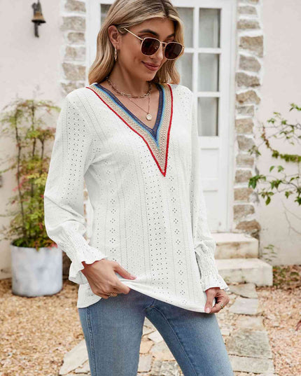 Eyelet Flounce Sleeve V-Neck Blouse