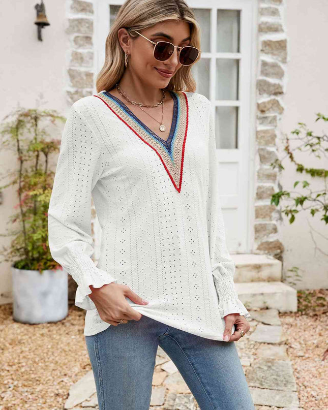 Eyelet Flounce Sleeve V-Neck Blouse