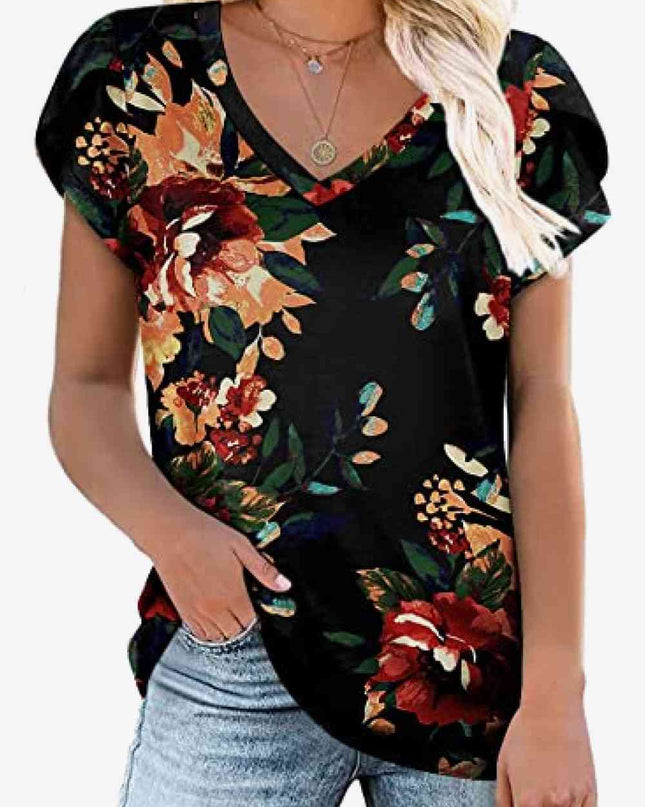 Printed Petal Sleeve V-Neck Blouse