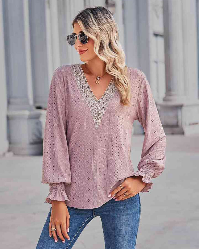 V-Neck Eyelet Flounce Sleeve Blouse