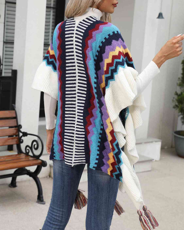Striped Open Front Poncho with Tassels