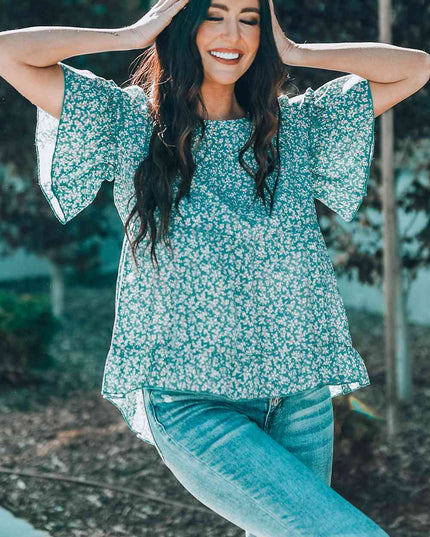 Floral Flare Sleeve Ruffle Hem Top