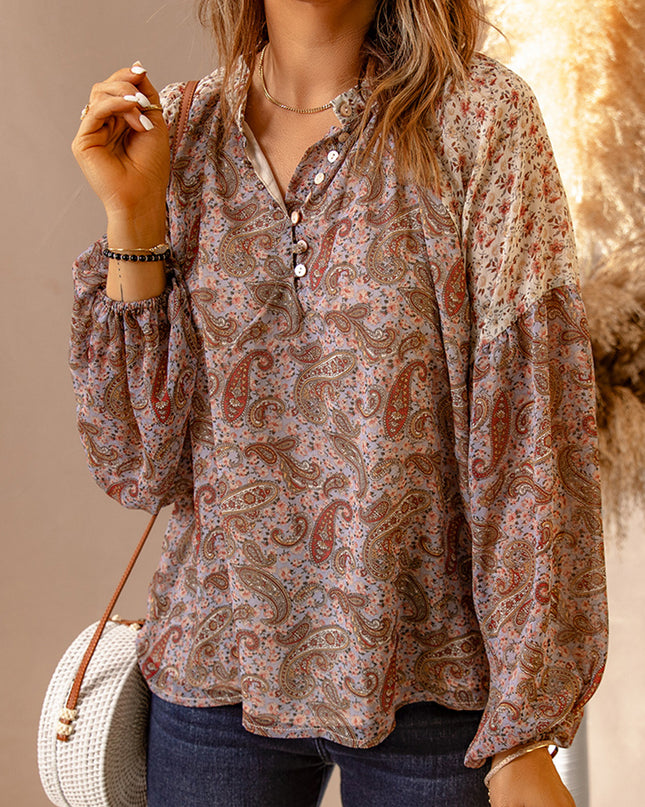Paisley Print Quarter Button Balloon Sleeve Blouse