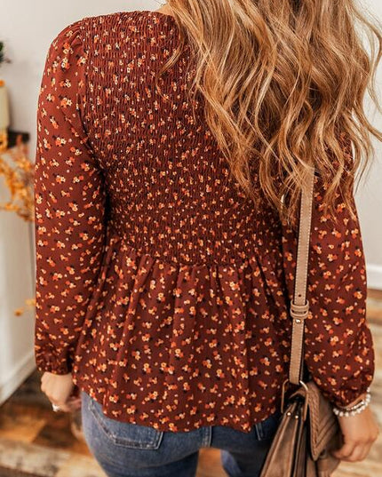 Floral Smocked Ruffle Hem Long Sleeve Blouse