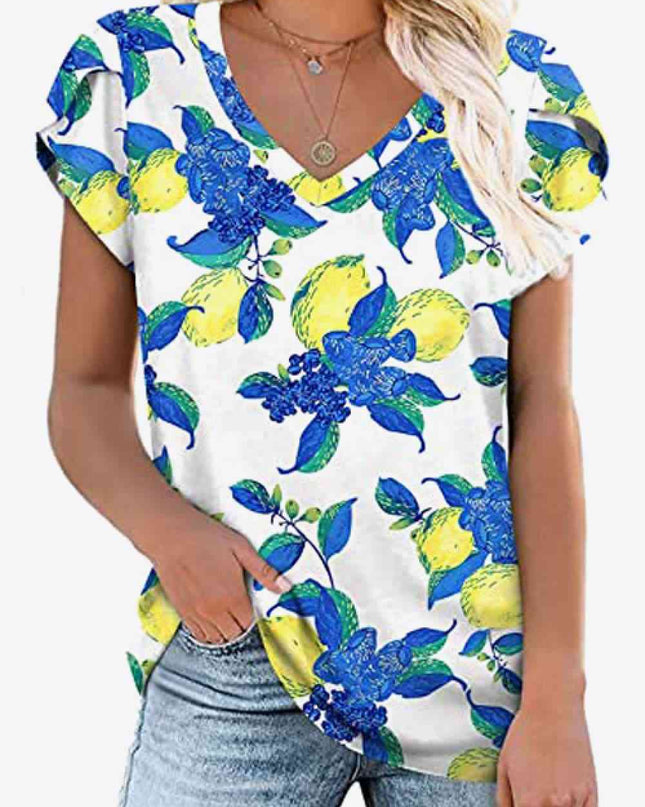 Printed Petal Sleeve V-Neck Blouse