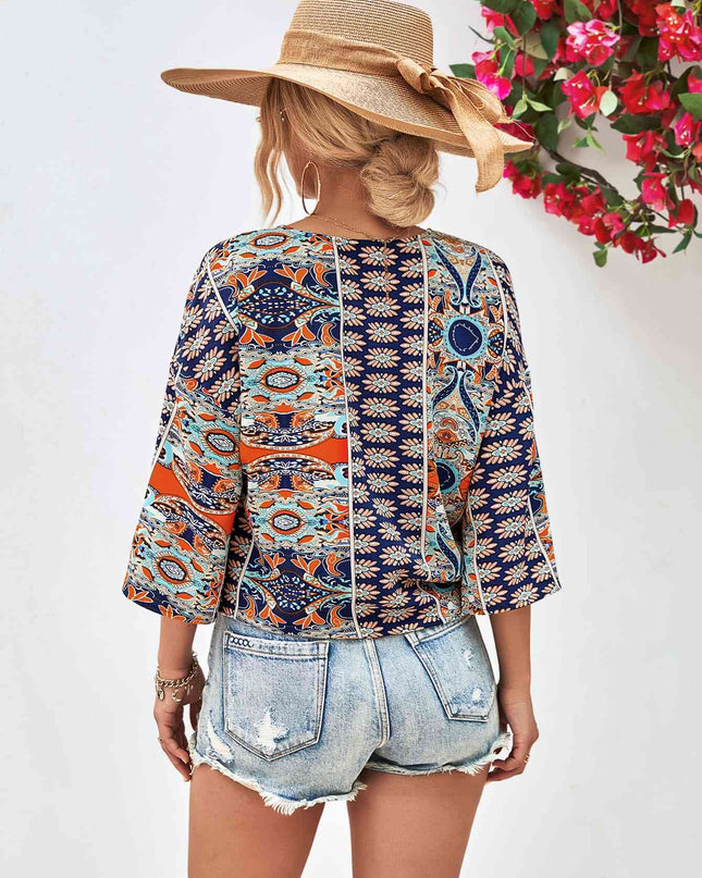 Tie Hem V-Neck Three-Quarter Sleeve Blouse