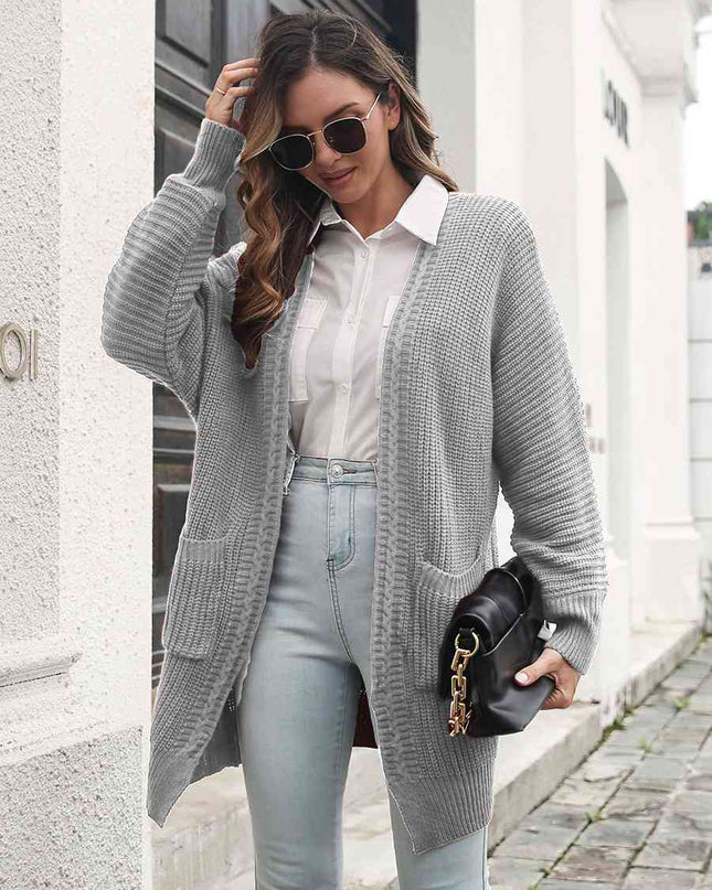 Open Front Rib-Knit Cardigan with Pockets