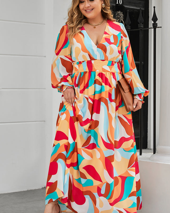 Plus Size Printed Lantern Sleeves V-Neck Dress