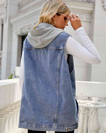 Drawstring Hooded Sleeveless Denim Top with Pockets