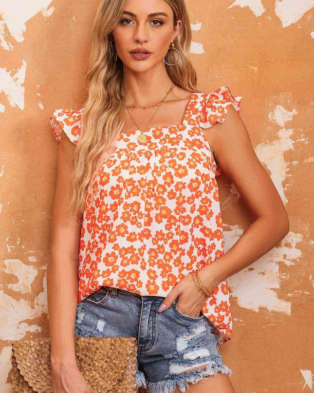 Floral Square Neck Cap Sleeve Tank