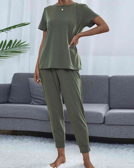 Round Neck Short Sleeve Top and Pants Set