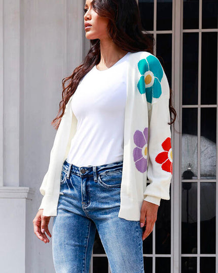 Flower Pattern Open Front Long Sleeve Cardigan