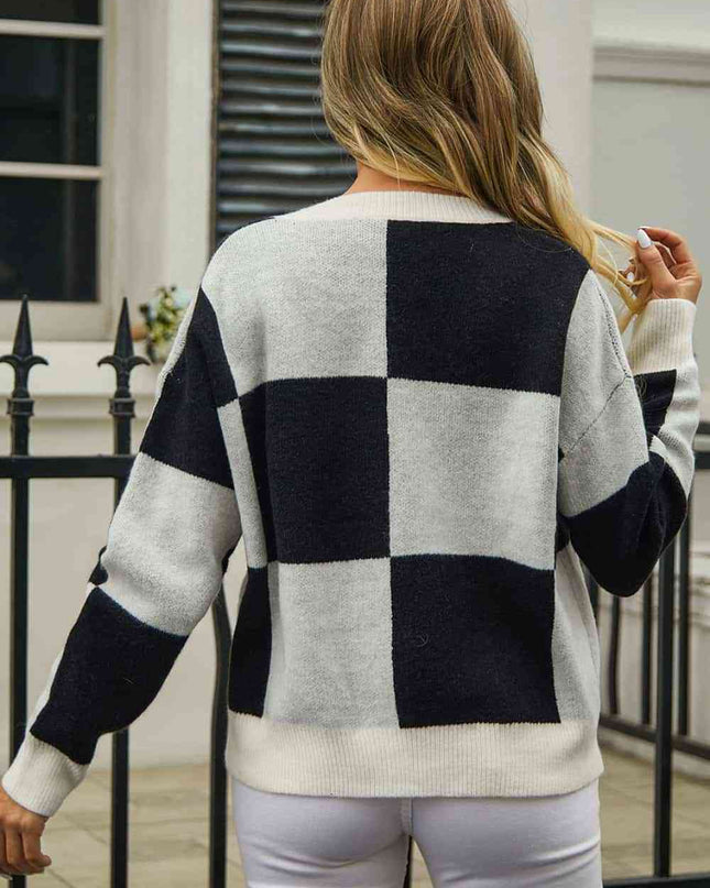 Plaid V-Neck Dropped Shoulder Cardigan