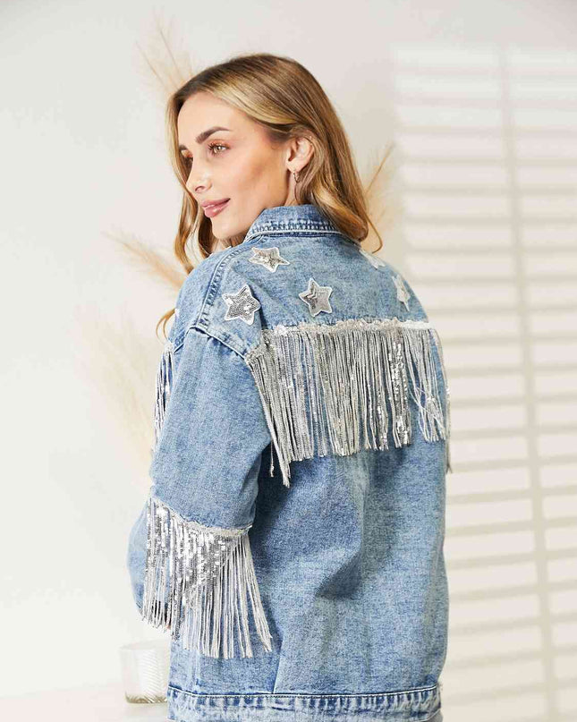 Fringe Detail Long Sleeve Denim Jacket