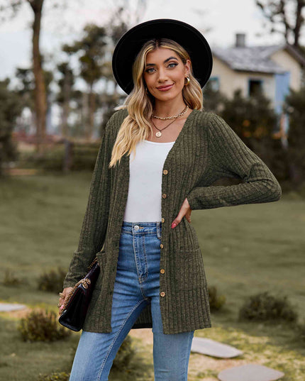 Ribbed Button-Up Cardigan with Pockets