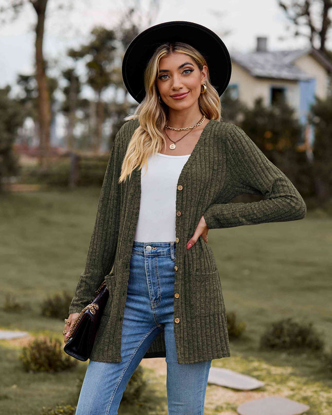 Ribbed Button-Up Cardigan with Pockets
