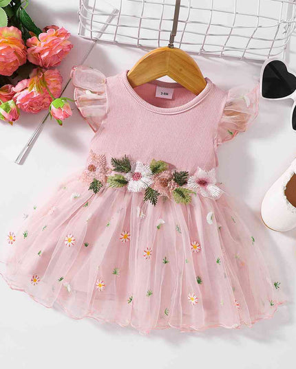 Embroidered Round Neck Flutter Sleeve Dress