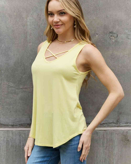 BOMBOM Criss Cross Front Detail Sleeveless Top in Butter Yellow