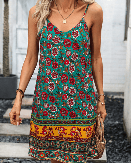 Printed Spaghetti Strap V-Neck Dress
